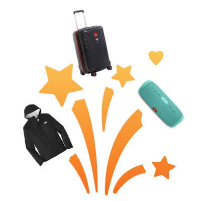 A raincoat, travel bag, and JBL portable speaker that people can win by using the referral program.