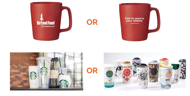 Two red mugs with the BrandFuel logo and "Find the poem in every moment" written on it and an assortment of Starbucks cups.