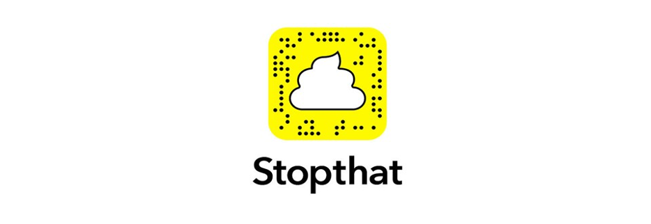 SnapChat logo with the ghost replaced with a poop icon. The word "Stopthat" is listed below.