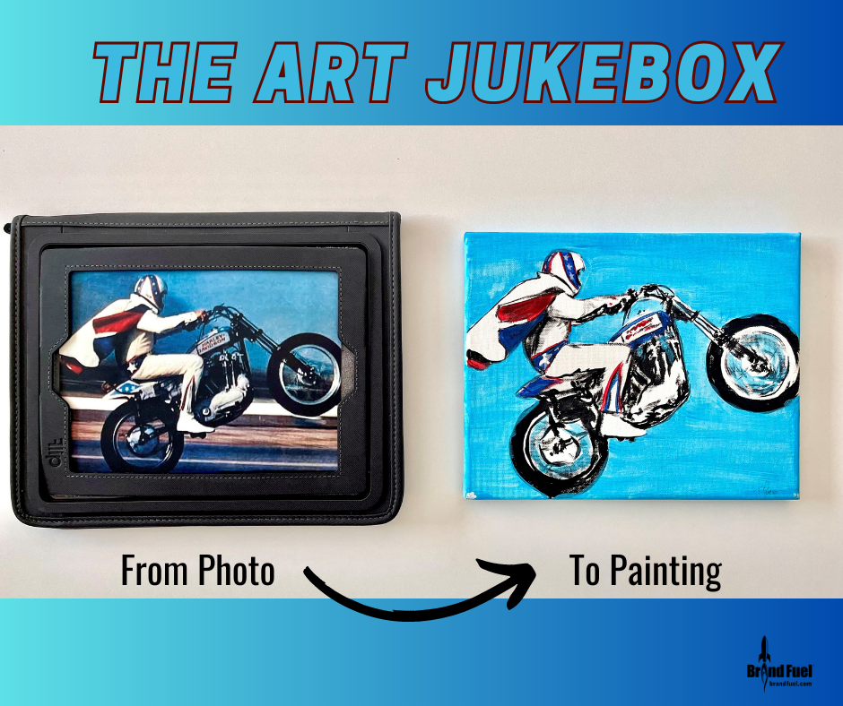 A photo displayed on a tablet screen alongside a painting of the same photo.